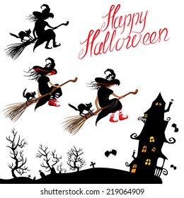 Set of Halloween elements - witch silhouette and black cat flying on broom, mystery house. Handwritten text HAPPY HALLOWEEN