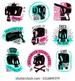 set of halloween emblems with black cartoon skulls different proportions game imbalances characters variations fashion cute hipster collection stickers prints