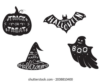 Set of halloween emblems. Collection of halloween sign characters pumpkin, bat, ghost. Vector illustration of scary stickers.