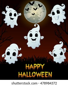 Set of halloween emotional ghosts on grass background .Vector illustration 