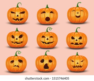 set of halloween emotional pumpkins isolated on pink background