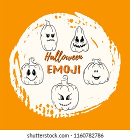 Set of Halloween emotions. Vector Halloween mood icons. Line art pumpkins with different emotions. Autumn holidays. Vector illustration pumpkins funny and  spooky creepy faces.