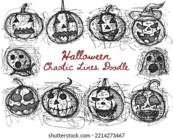 Set of Halloween Evil Pumpkin symbol. Hand drawn doodles.