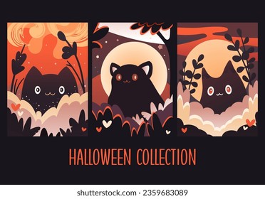 Set of Halloween eye-catching card, banner, background, flyer, placard with cute kitty ghosts. Collection of gift tag, label or poster template with little cat ghost. Vector illustration EPS8
