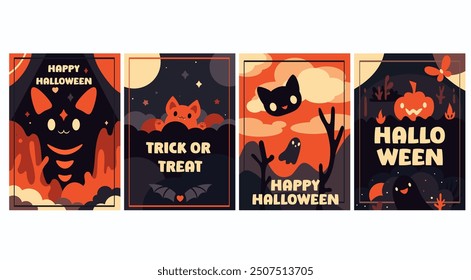 Conjunto de tarjeta llamativa de Halloween, Anuncio, fondo, volante, cartel con lindos fantasmas de gatito. Colección de Plantilla de etiqueta de regalo, etiqueta o cartel con pequeño fantasma de gato. Ilustración vectorial EPS8