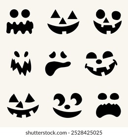 Set of Halloween faces, ghosts, pumpkins, simple black and white hand-drawn vector