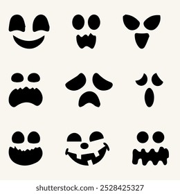 Set of Halloween faces, ghosts, pumpkins, simple black and white hand-drawn vector