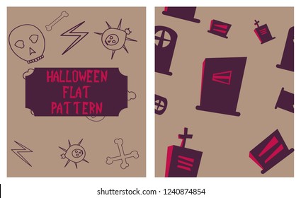 Set of Halloween festive pattern. Endless background with pumpkins, skulls, bats, spiders, ghosts, bones, candies, spider web
