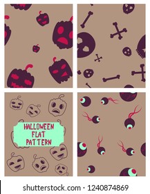 Set of Halloween festive pattern. Endless background with pumpkins, skulls, bats, spiders, ghosts, bones, candies, spider web