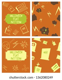 Set of Halloween festive pattern. Endless background with pumpkins, skulls, bats, spiders, ghosts, bones, candies, spider web