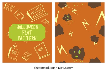 Set of Halloween festive pattern. Endless background with pumpkins, skulls, bats, spiders, ghosts, bones, candies, spider web