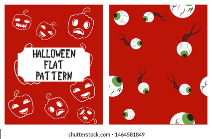 Set of Halloween festive pattern. Endless background with pumpkins, skulls, bats, spiders, ghosts, bones, candies, spider web