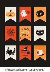 Juego de banderas de Halloween para la decoración. Los elementos de Halloween cráneo, gato negro, calabaza, malo y otros. Ilustración vectorial para tarjeta de saludo de Halloween, invitación, decoración. Ilustración vectorial plana