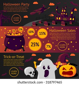 Set of halloween flat banners - Halloween party, Halloween sale, Trick-or-treat. Vector