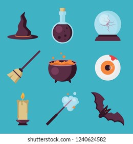 Set of Halloween flat icons isolated on blue background. Collection of Witch's hat, Potion, Magic ball, Witch broom, Potion Pot, Zombie eye, bat, candle, Magic wand in flat style. Witch elements