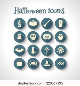 set of halloween flat icons with long shadow