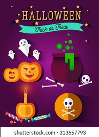 Set of halloween flat icons. Orange pumpkin and candle, witches pot potion, ghost, candy, skull and crossbones. Invitation, poster or card for Halloween Night Party. Trick or Treat.