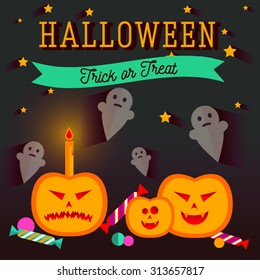 Set of halloween flat icons. Orange pumpkin and candle, witches pot potion, ghost, candy, skull and crossbones. Invitation, poster or card for Halloween Night Party. Trick or Treat.