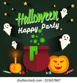 Set of halloween flat icons. Orange pumpkin and candle, witches pot potion, ghost, candy, skull and crossbones. Invitation, poster or card for Halloween Night Party. Trick or Treat.