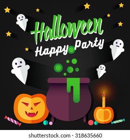 Set of Halloween flat icons. Orange pumpkin and candle, witches pot potion, ghost, candy, skull and crossbones. Invitation, poster or card for Halloween Night Party. Trick or Treat.