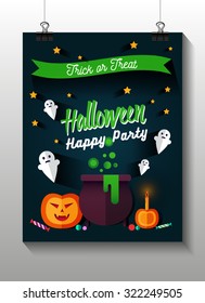 Set of Halloween flat icons. Orange pumpkin and candle, witches pot potion, ghost, candy, skull and crossbones. Invitation, poster or card for Halloween Night Party. Trick or Treat.