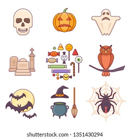 Set of halloween flat icons. Pumpkin, ghost, bats, skull, spider, owl, candies and other isolated on white background.