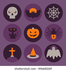 Set of Halloween flat icons. Vector Illustration. Cute color icons on round backdrops. Halloween Concept.