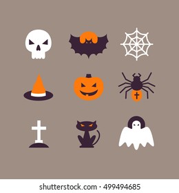 Set of Halloween flat icons. Vector Illustration. Cute color icons on gray backdrop. Halloween Concept.
