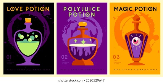 Set of Halloween flat posters with magic potions or drinks. Halloween spooky background. Vector illustration