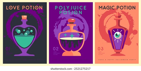 Conjunto de carteles planos de Halloween con pociones mágicas o bebidas. Fondo espeluznante de Halloween. Ilustración vectorial