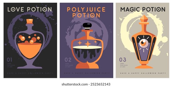 Conjunto de carteles planos de Halloween con pociones mágicas o bebidas. Fondo espeluznante de Halloween. Ilustración vectorial