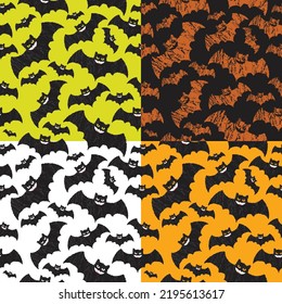 Set of Halloween flat spooky bats seamless pattern, Orange, white, black color seamless patterns