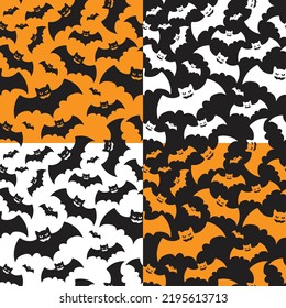Set of Halloween flat spooky bats seamless pattern, Orange, white, black color seamless patterns
