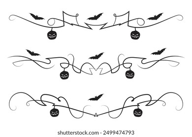 set of Halloween flourish dividers, hand drawn fancy lines with pumpkins and Bats vine scroll page separator, decorative ornate swirls vintage menu Wedding border holiday design element
