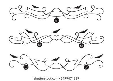 set of Halloween flourish dividers, hand drawn fancy lines with pumpkins and Bats vine scroll page separator, decorative ornate swirls vintage menu Wedding border holiday design element
