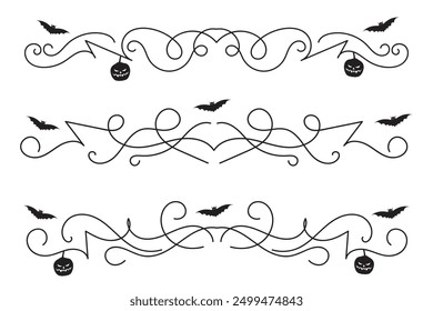 set of Halloween flourish dividers, hand drawn fancy lines with pumpkins and Bats vine scroll page separator, decorative ornate swirls vintage menu Wedding border holiday design element
