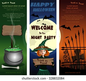 Set of Halloween flyer template with a young witch on a background of the full moon, cemetery and magic cauldron. Vector illustration.