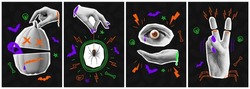 Set Of Halloween Flyers. Halftone Hand Palm, Pumpkin, Eyes And Lips With Doodles. Collection Of Trendy Vector Posters In Collage Style. Halloween Posters With Halftone Collage Elements And Doodles.