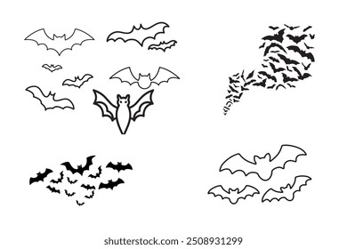 Set of Halloween flying Bat Silhouette.