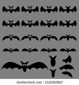 Set of Halloween Flying Bats for your Design, Game, Card. Big Collection of Bat Silhouettes. Decoration Elements. Vector Illustration.