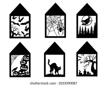 Set of Halloween frames. Collection of frames with a skull, ghosts and a bat. Awesome design. Vector illustration for decorating invitations.