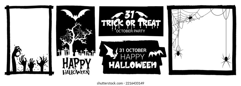 Set of Halloween frames. Collection of frames with a skull, ghosts and a bat. Awesome design. Vector illustration for decorating invitations