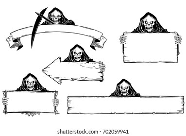 Set of halloween frames and empty signs with hand drawing grim reaper illustration