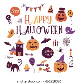 Set of Halloween Fun and Colorful Design Elements and Icons on White Background