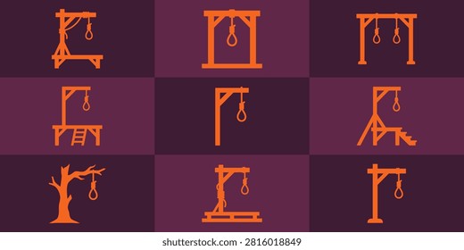 Set of halloween gallows and hanging structures icons with gallows icon