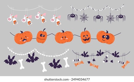 Set of Halloween garlands. Bright and colourful handdrawn decoration. Vector pumpkins, spiders, bats, bones and candies.