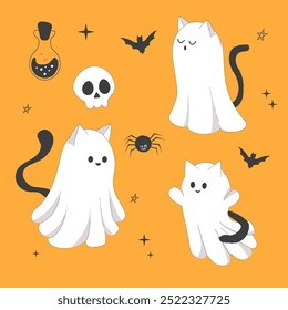 Set Halloween ghost cats cute doodle characters in costumes cute spooky decoration, line. Bat, stars, moon elements. Animal with black tail. 