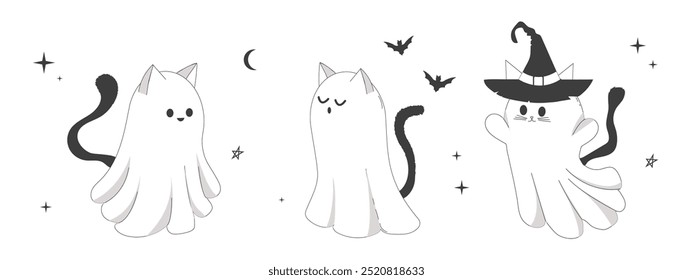 Set Halloween ghost cats with witch hat, cute doodle characters in costumes cute spooky decoration, line. Bat, stars, moon elements. Animal with black tail. 