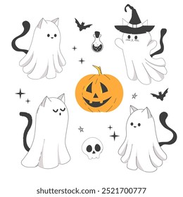 Set Halloween ghost cats with witch hat, cute doodle characters in costumes cute spooky decoration, line. Bat, stars, moon elements. Animal with black tail. 