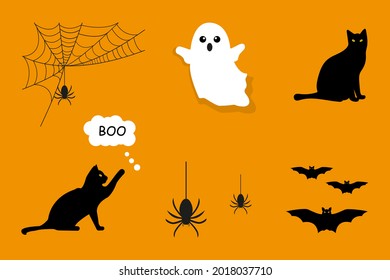 Set for Halloween. Ghost, cobweb, bat, mouse and cat. Vector graphics